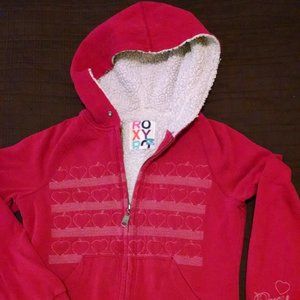 Red Roxy hoodie, embroidered details on the left sleeve, Sherpa lining.